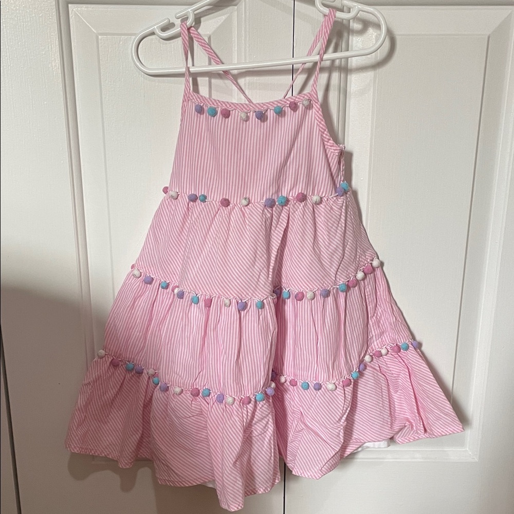 Tommy Bahama Pink Striped Kids Dress with Pom Poms